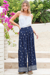 Emmy Pants - High Waisted Pleated Front Waistband Palazzo Pants in Ainsley Print Navy