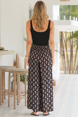 Emmy Pants - High Waisted Pleated Front Waistband Palazzo Pants in Azaria Print Black
