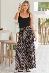 Emmy Pants - High Waisted Pleated Front Waistband Palazzo Pants in Azaria Print Black