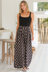 Emmy Pants - High Waisted Pleated Front Waistband Palazzo Pants in Azaria Print Black