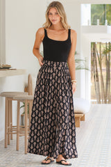 Emmy Pants - High Waisted Pleated Front Waistband Palazzo Pants in Azaria Print Black