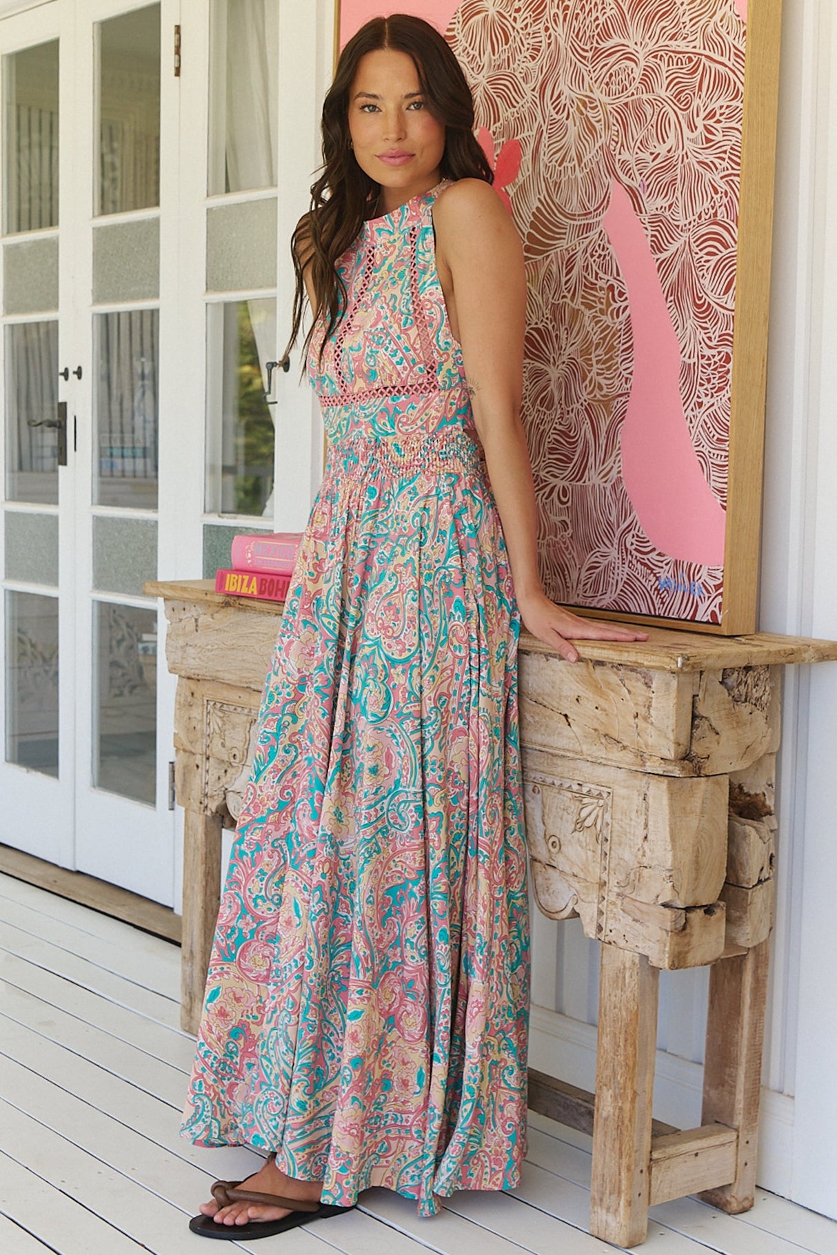 JAASE - Endless Maxi Dress: Halter Crochet Detailed Dress in Ocean Lullaby Print