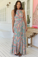 JAASE - Endless Maxi Dress: Halter Crochet Detailed Dress in Ocean Lullaby Print