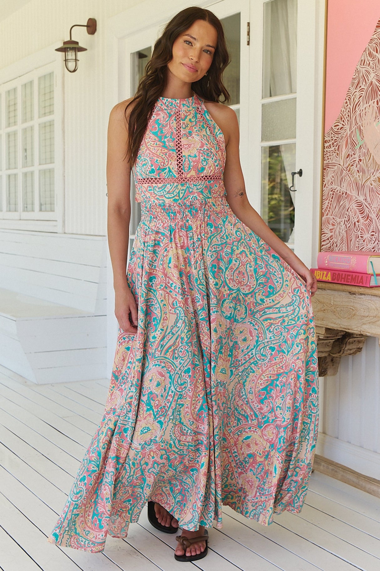 JAASE - Endless Maxi Dress: Halter Crochet Detailed Dress in Ocean Lullaby Print