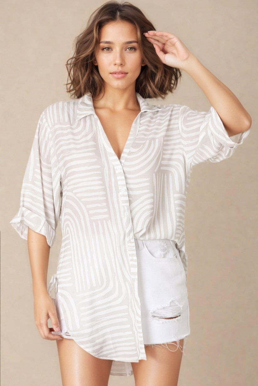 Beachly Shirt - Folded Collar Button Down Relaxed Shirt in Hansel Print