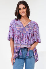 Enzo Top - Babydoll Flutter Sleeve Pullover Top  in Zaifiri Print Lilac