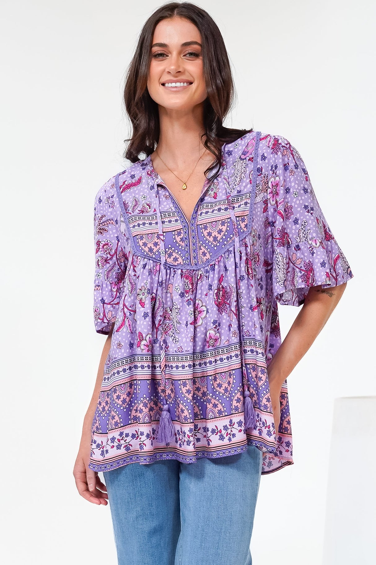 Enzo Top - Babydoll Flutter Sleeve Pullover Top  in Zaifiri Print Lilac