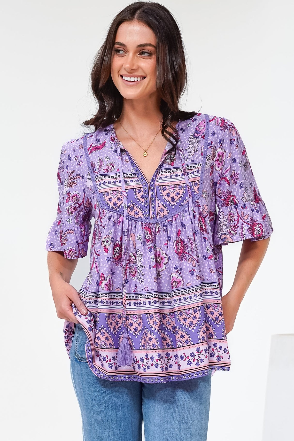 Enzo Top - Babydoll Flutter Sleeve Pullover Top  in Zaifiri Print Lilac