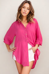 Beachly Shirt - Folded Collar Button Down Relaxed Shirt In Hot Pink