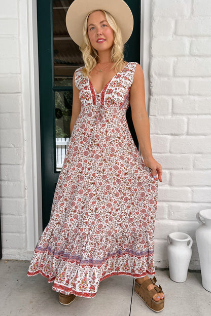 JAASE - Esmie Maxi Dress: V Neck Front and Back A Line Sun Dress in Love Letters Print