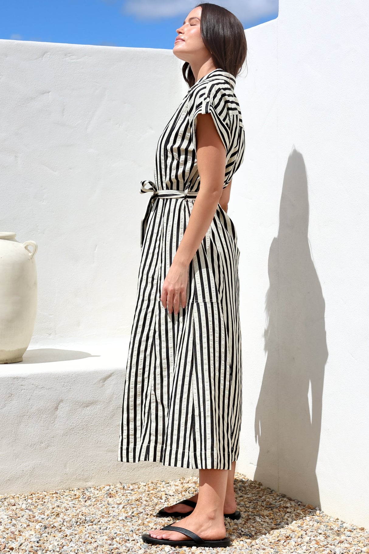 Estee Midi Dress - Collared Shirt Dress with Short Sleeves and Matching Belt in Stripe Black