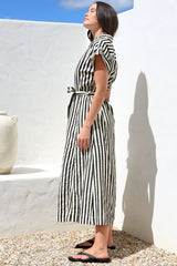 Estee Midi Dress - Collared Shirt Dress with Short Sleeves and Matching Belt in Stripe Black
