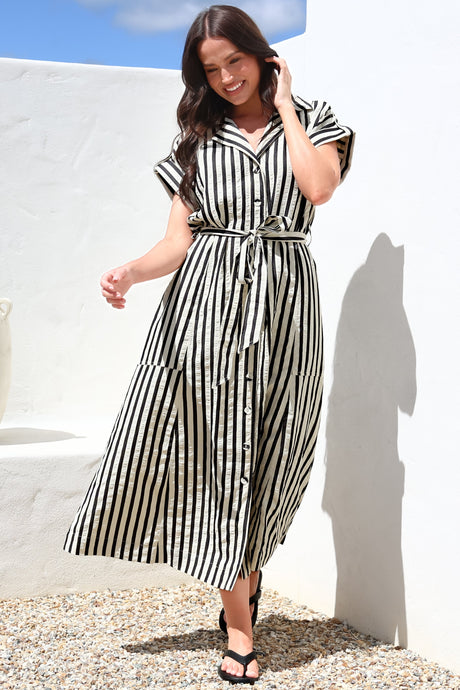 Estee Midi Dress - Collared Shirt Dress with Short Sleeves and Matching Belt in Stripe Black