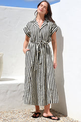 Estee Midi Dress - Collared Shirt Dress with Short Sleeves and Matching Belt in Stripe Black