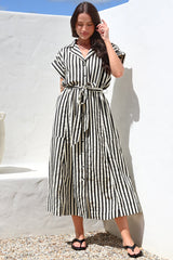 Estee Midi Dress - Collared Shirt Dress with Short Sleeves and Matching Belt in Stripe Black