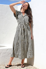 Estee Midi Dress - Collared Shirt Dress with Short Sleeves and Matching Belt in Stripe Black