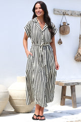 Estee Midi Dress - Collared Shirt Dress with Short Sleeves and Matching Belt in Stripe Black