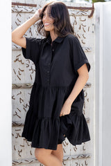 Estelle Mini Dress - Collared Tiered Smock Dress in Black