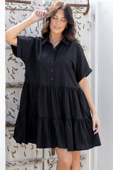 Estelle Mini Dress - Collared Tiered Smock Dress in Black