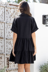 Estelle Mini Dress - Collared Tiered Smock Dress in Black