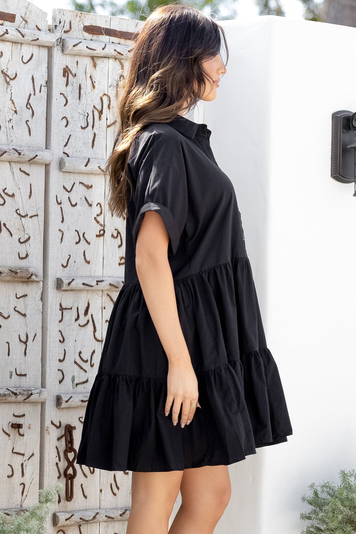 Estelle Mini Dress - Collared Tiered Smock Dress in Black