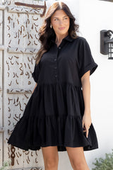 Estelle Mini Dress - Collared Tiered Smock Dress in Black