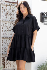 Estelle Mini Dress - Collared Tiered Smock Dress in Black
