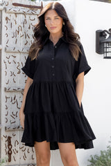 Estelle Mini Dress - Collared Tiered Smock Dress in Black