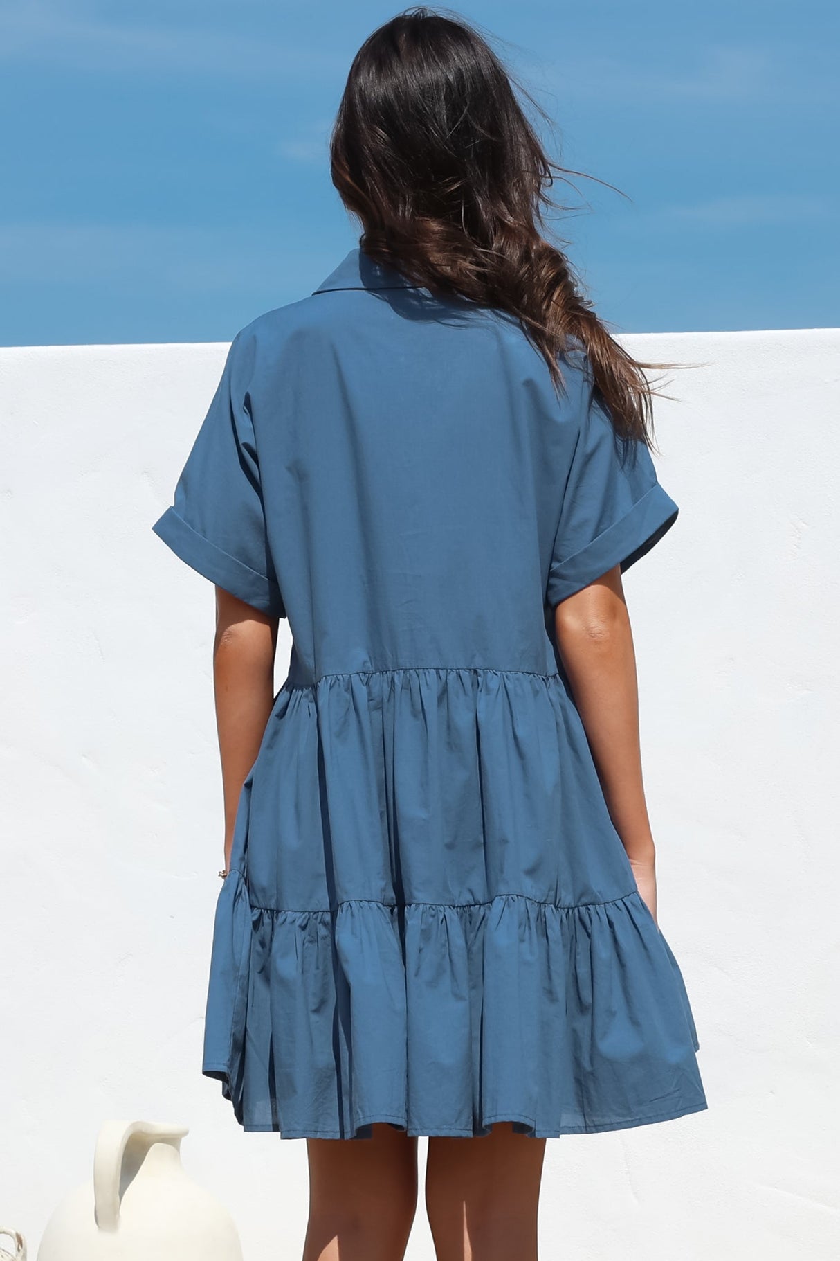 Estelle Mini Dress - Collared Tiered Smock Dress in Dark Blue