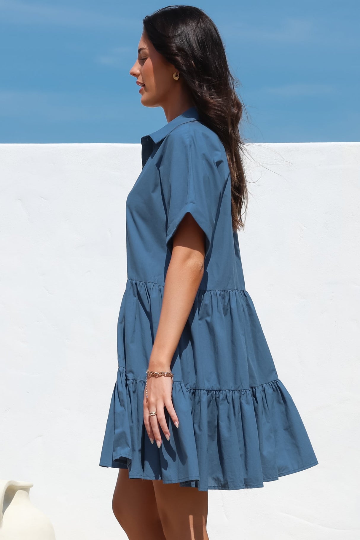 Estelle Mini Dress - Collared Tiered Smock Dress in Dark Blue
