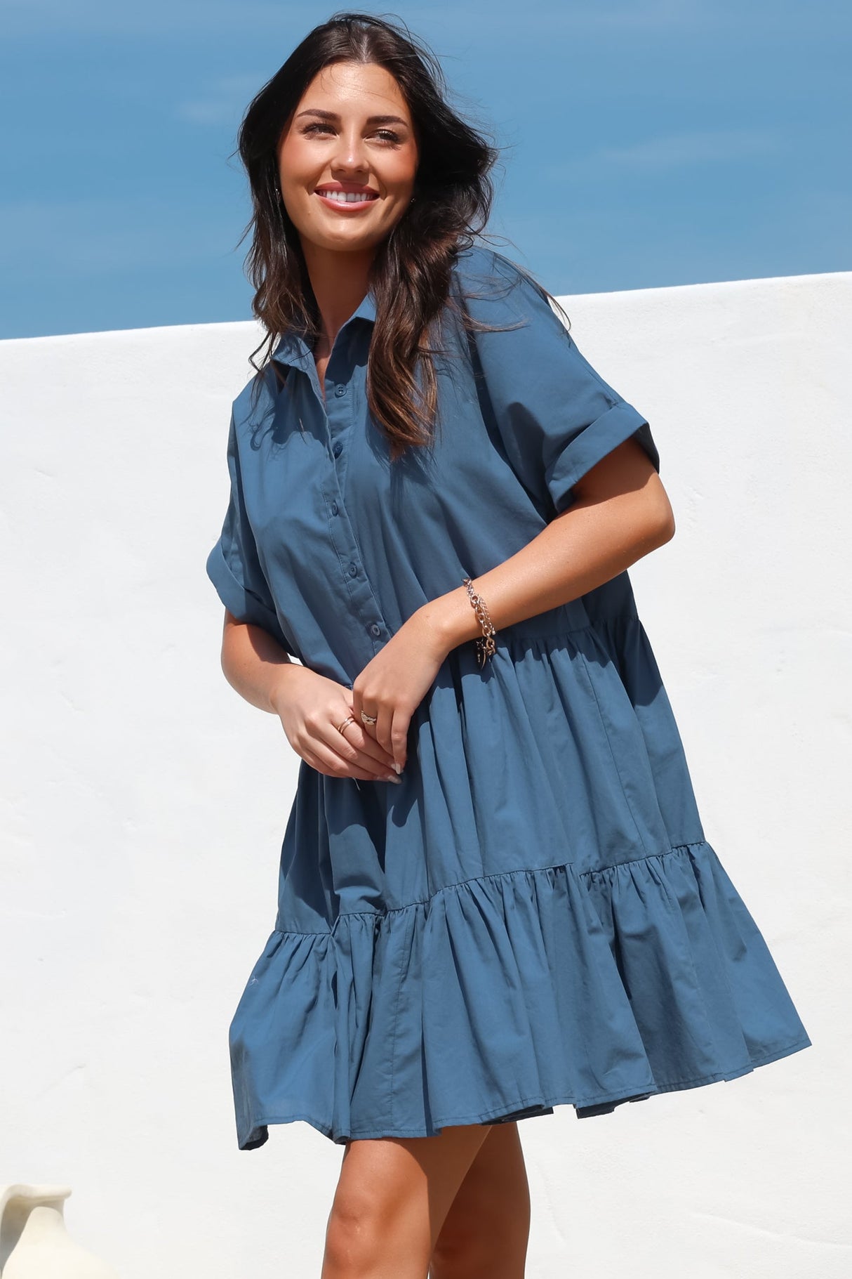 Estelle Mini Dress - Collared Tiered Smock Dress in Dark Blue