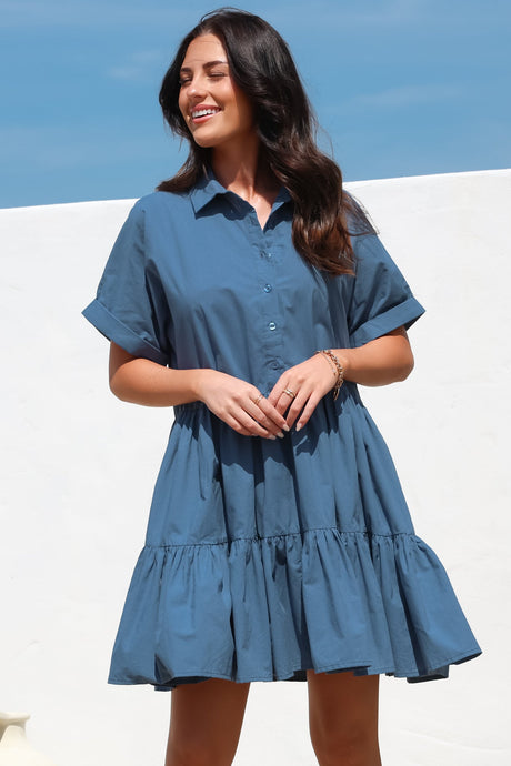 Estelle Mini Dress - Collared Tiered Smock Dress in Dark Blue
