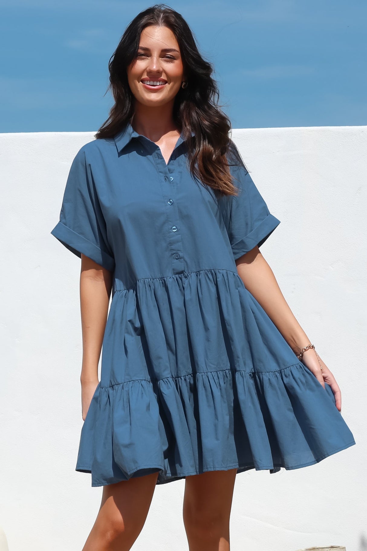 Estelle Mini Dress - Collared Tiered Smock Dress in Dark Blue