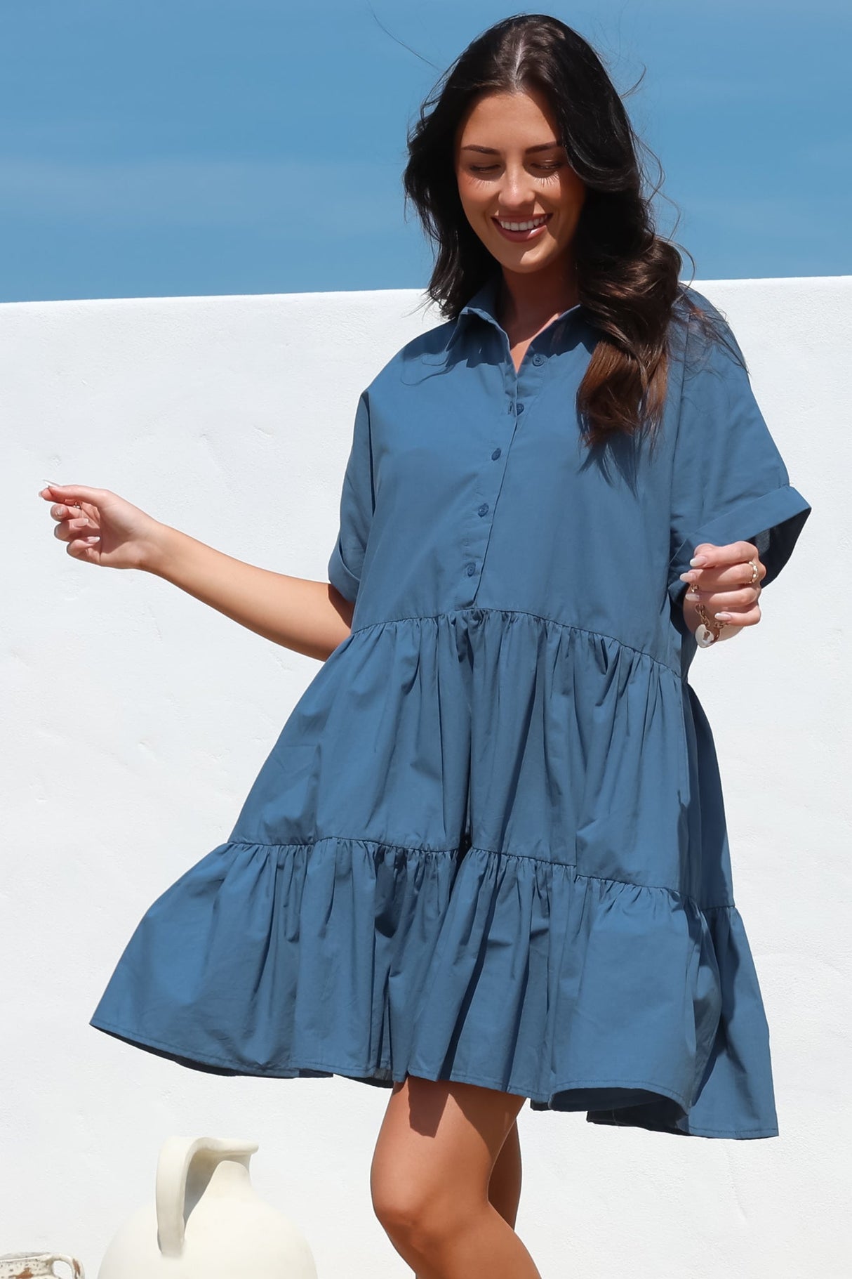 Estelle Mini Dress - Collared Tiered Smock Dress in Dark Blue