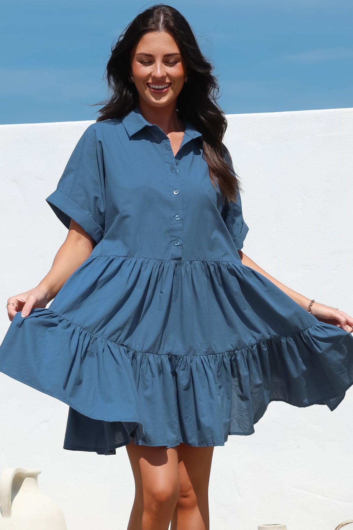 Estelle Mini Dress - Collared Tiered Smock Dress in Dark Blue