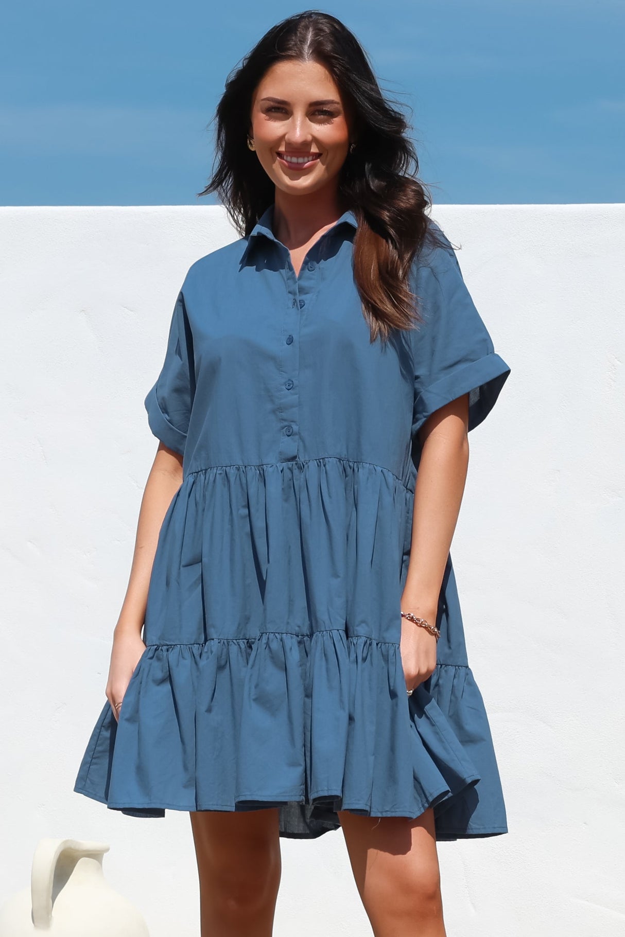 Estelle Mini Dress - Collared Tiered Smock Dress in Dark Blue