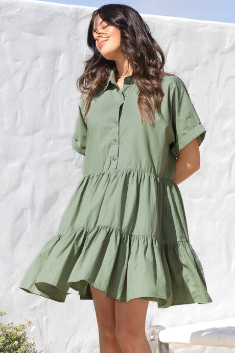 Estelle Mini Dress - Collared Tiered Smock Dress in Khaki