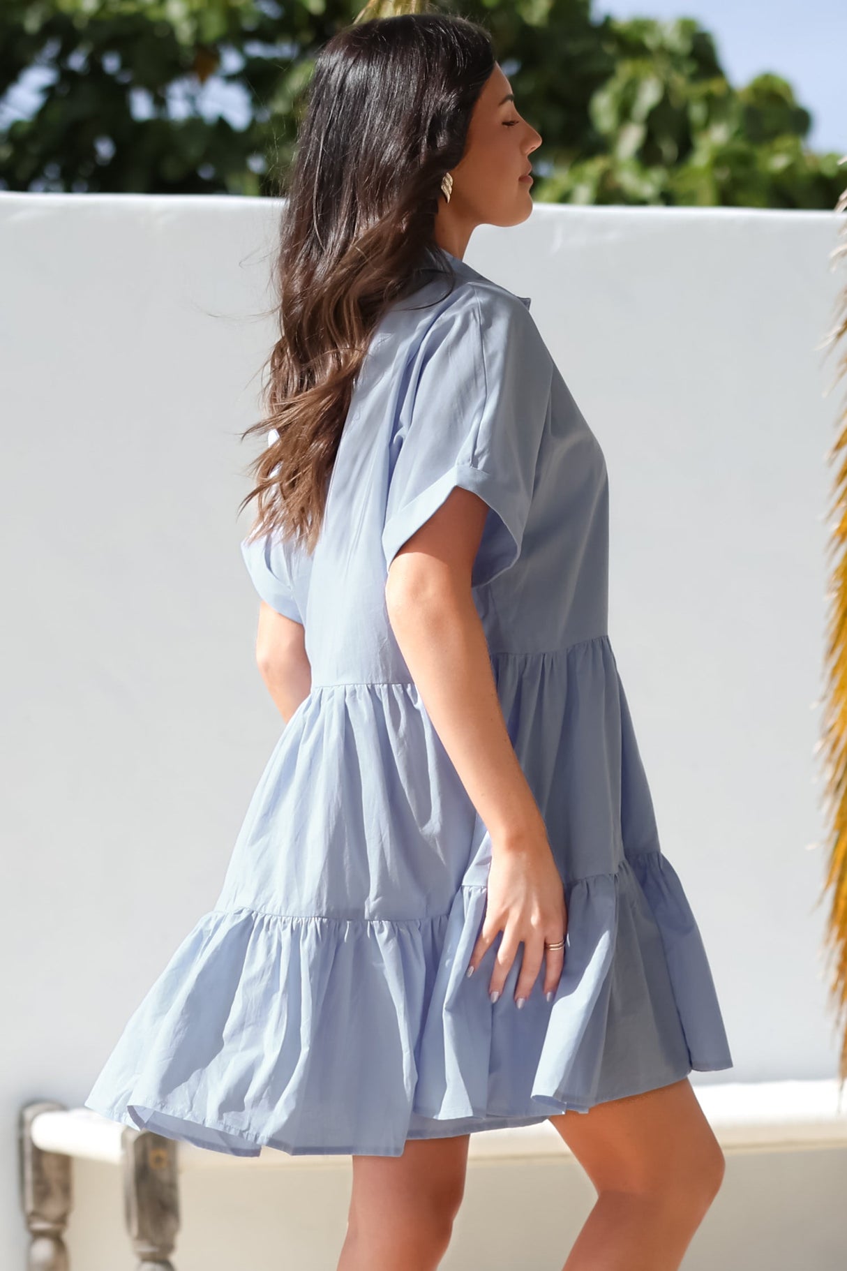 Estelle Mini Dress - Collared Tiered Smock Dress in Light Blue