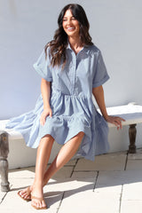 Estelle Mini Dress - Collared Tiered Smock Dress in Light Blue