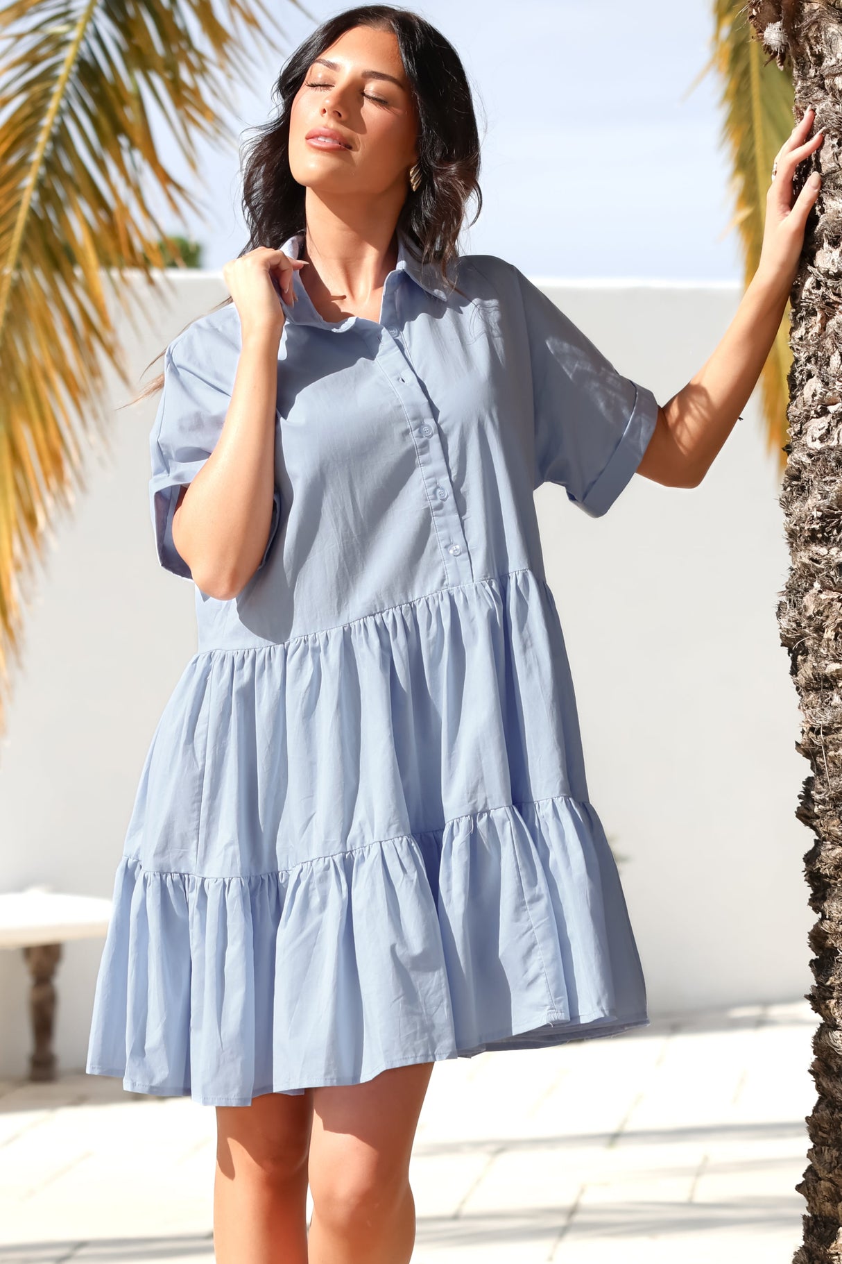 Estelle Mini Dress - Collared Tiered Smock Dress in Light Blue