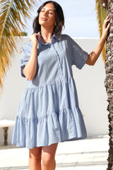 Estelle Mini Dress - Collared Tiered Smock Dress in Light Blue