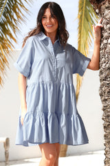 Estelle Mini Dress - Collared Tiered Smock Dress in Light Blue