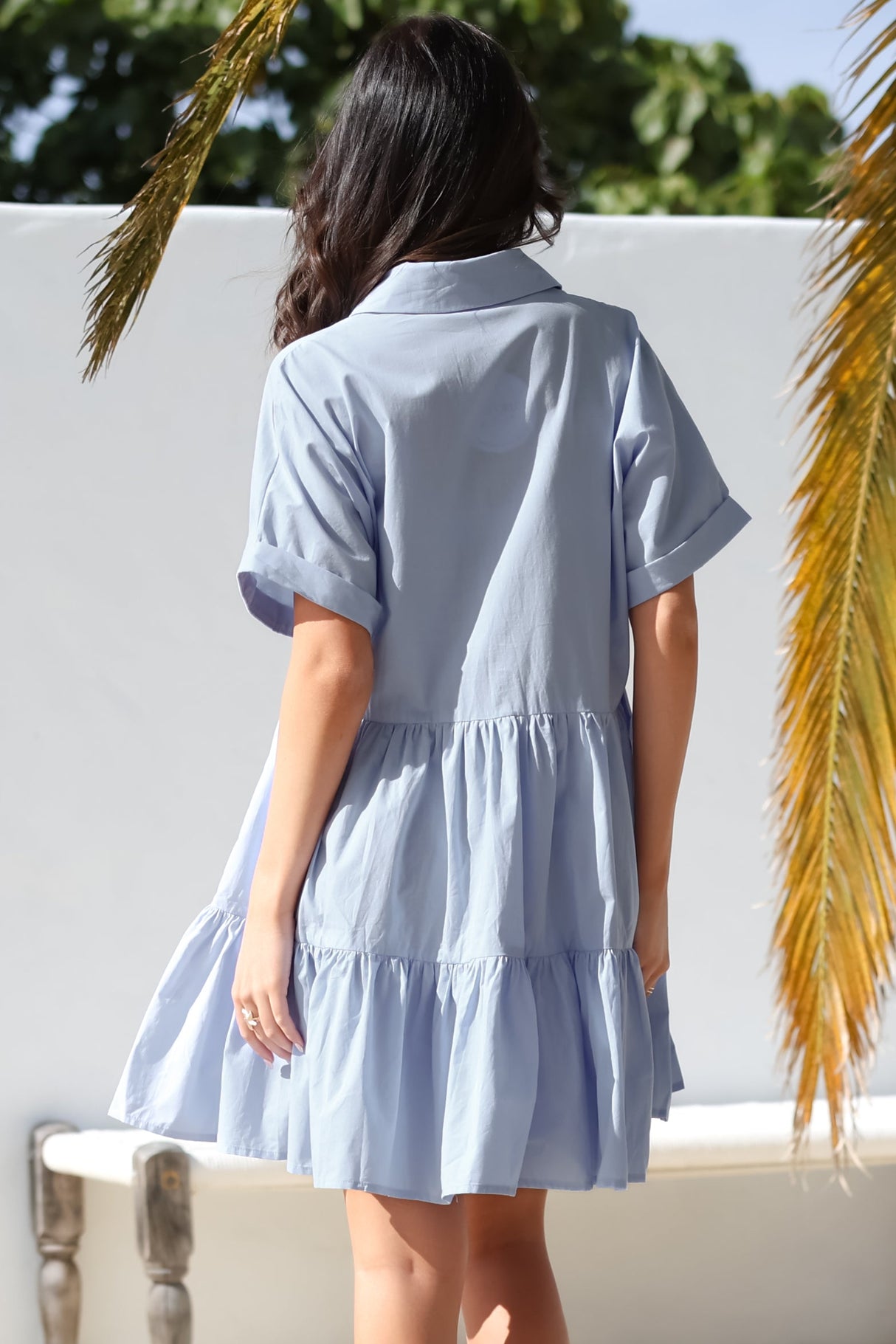 Estelle Mini Dress - Collared Tiered Smock Dress in Light Blue