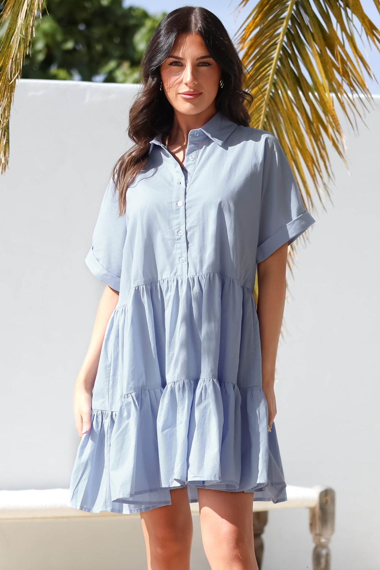 Estelle Mini Dress - Collared Tiered Smock Dress in Light Blue