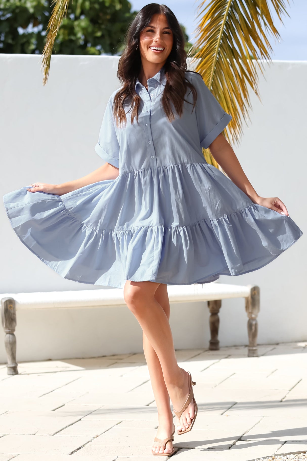 Estelle Mini Dress - Collared Tiered Smock Dress in Light Blue