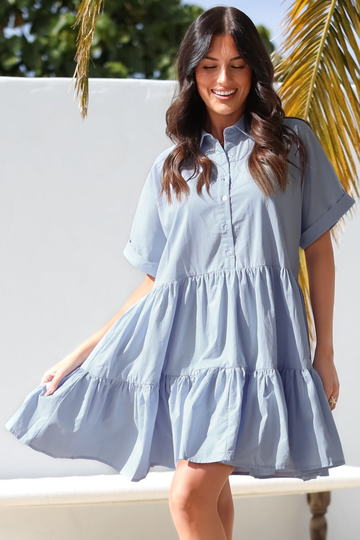 Estelle Mini Dress - Collared Tiered Smock Dress in Light Blue