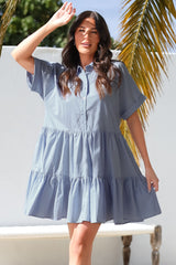 Estelle Mini Dress - Collared Tiered Smock Dress in Light Blue