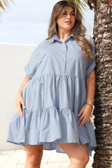 Estelle Mini Dress - Collared Tiered Smock Dress in Light Blue