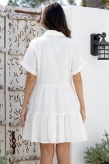 Estelle Mini Dress - Collared Tiered Smock Dress in White