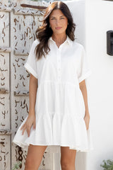 Estelle Mini Dress - Collared Tiered Smock Dress in White